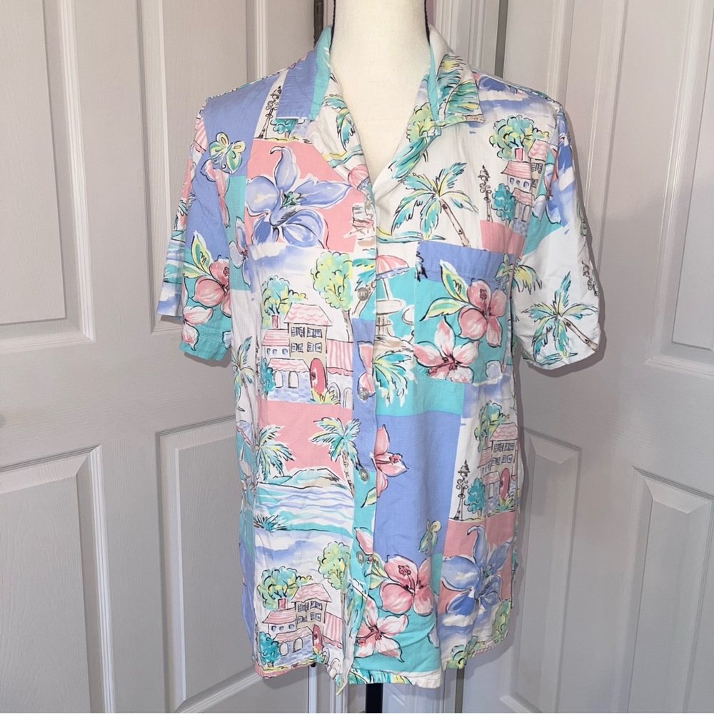 Alfred Dunner summer floral short sleeve collared button down top, size 12